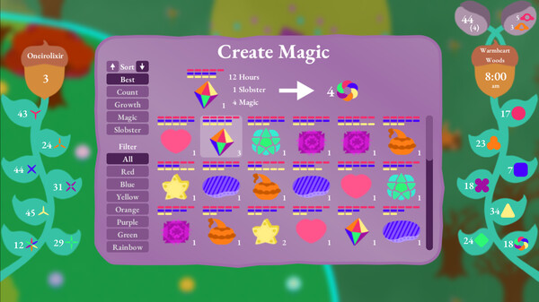 A menu interface from Cirrus Business titled "Create Magic" showcases a colorful array of magical items and ingredients. The screen offers options to sort by various filters such as Best, Count, Growth, and Magic. Items are displayed with vibrant icons, including different shapes and colors like red, blue, yellow, and rainbow. A crafting mechanic is indicated where 1 Slobster plus 1 Magic can create a new item over 12 hours. Game information like the in-game time and location 'Warmheart Woods' is displayed in the corners. The background is blurred but hints at a fantastical, dreamy setting. Published on: LadiesGamers.