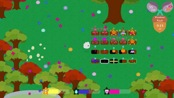 In the Cirrus Business game, a charming pixel art scene presents a top-down view of a lush forest with a variety of trees and a carpet of multicolored flowers. Characters and creatures can be seen amidst the forest, with a detailed inventory display showing various items. The game's UI includes a time of day at 9:15 am, a day and seasonal cycle indicator, and the name of the location, Warmheart Woods. Published on: LadiesGamers.