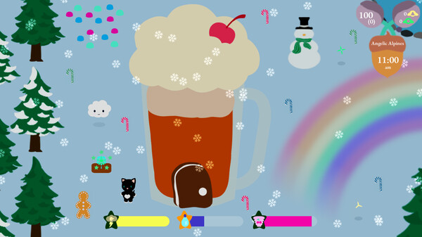 A whimsical scene from Cirrus Business depicts a large, frothy mug of hot chocolate with a cherry on top dominating the center, set against a wintry backdrop with snow-covered trees and a snowman. Pixel art characters and creatures are dotted around, and festive decorations such as candy canes and gifts add to the holiday atmosphere. The game's interface shows indicators like character health, the location 'Angelic Alps', and the time at 11:00 am. A rainbow arcs gracefully in the background, enhancing the magical feel of the game. Published on: LadiesGamers.