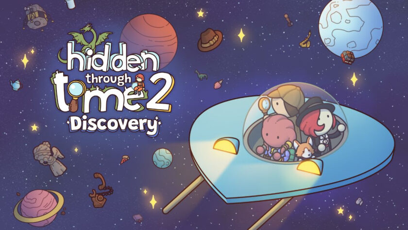 Promotional artwork for Hidden Through Time 2: Discovery, depicting a colorful cartoon-style space scene. Several characters, including a pink creature, a person wearing a top hat, and other whimsical figures, are joyfully crammed into a clear-domed flying saucer. The background features a starry sky with a variety of whimsical planets and celestial objects like a space-faring Viking ship and a dinosaur astronaut. Published on: LadiesGamers.