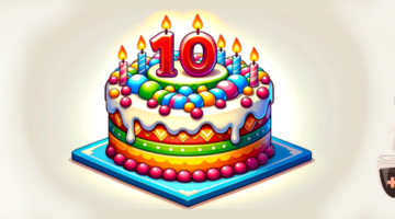 A celebratory image featuring a vibrantly decorated three-tiered cake with '10' on top, commemorating the 10 year anniversary of LadiesGamers. The cake is adorned with colorful candles and draped in icing, showcasing a variety of cheerful colors and a blue square base. Off to the right, a small floating icon features a '10' inside a speech balloon, tied to a game controller-shaped cup of hot beverage, suggesting a toast to the anniversary. Published on: LadiesGamers.