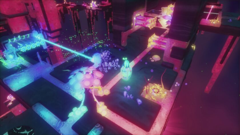 A vibrant and mystical scene from Lumote: The Mastermote Chronicles featuring a glowing blue character emitting a laser to interact with a crystal. The environment is filled with bright neon colors, predominantly pinks and blues, illuminating bioluminescent plants and various floating platforms against a darker, atmospheric backdrop. Published on: LadiesGamers.