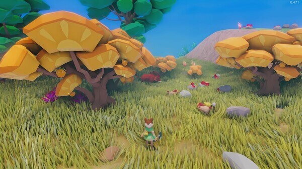 "In-game screenshot from Pathless Woods showing a player character standing in a lush meadow with oversized yellow-capped mushrooms and tall green grass. The terrain rises gently to a soft hill in the distance under a clear blue sky." Published on: LadiesGamers.