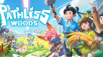 Promotional artwork for the video game Pathless Woods featuring a vibrant and colorful fantasy landscape. In the foreground, four animated characters appear ready for adventure: a girl with a large hammer, a boy with a chef's hat and ladle, another girl with a yellow fan, and a boy with a bow and arrow. Accompanying them is a small, fox-like creature with a bushy tail. Behind them, a whimsical environment with floating islands, whimsical structures, and various creatures including a yellow bird and a red dragonfly unfolds. Above, the game's logo in stylized lettering radiates energy against a backdrop of blue skies and soft clouds." Published on: LadiesGamers