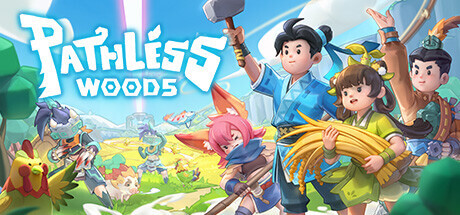 Promotional artwork for the video game Pathless Woods featuring a vibrant and colorful fantasy landscape. In the foreground, four animated characters appear ready for adventure: a girl with a large hammer, a boy with a chef's hat and ladle, another girl with a yellow fan, and a boy with a bow and arrow. Accompanying them is a small, fox-like creature with a bushy tail. Behind them, a whimsical environment with floating islands, whimsical structures, and various creatures including a yellow bird and a red dragonfly unfolds. Above, the game's logo in stylized lettering radiates energy against a backdrop of blue skies and soft clouds." Published on: LadiesGamers