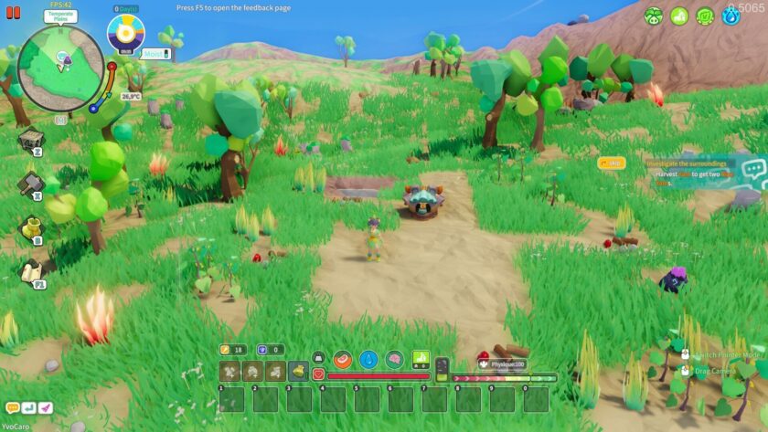 "Another gameplay interface from Pathless Woods, where the character stands near a campfire and a workbench in a lush meadow. The game's HUD shows various resources, a minimap, and an action prompt to harvest yarns, along with the player's stats." Published on: LadiesGamers.