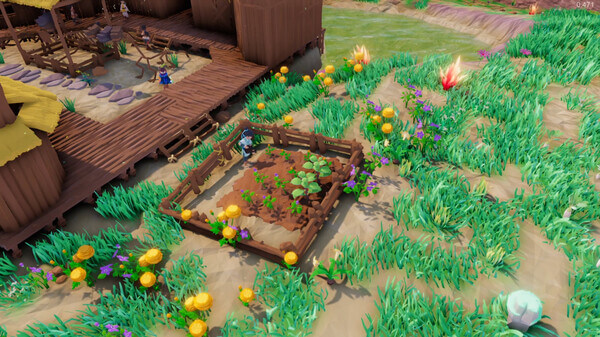 "A pastoral scene from Pathless Woods where the player's homestead includes a wooden house and a small, fenced vegetable garden amidst a field of wildflowers and grass." Published on: LadiesGamers.