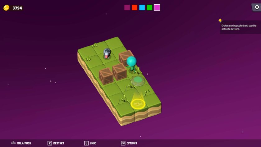 In-game screenshot of Sokobalien showing a three-dimensional puzzle stage set against a dark purple backdrop. The player's score of 3794 is visible in the top left corner with a golden coin icon. The game's interface includes a 'WALK/PUSH' function, along with buttons for 'RESTART', 'UNDO', and 'OPTIONS'. The level consists of a grassy platform in space with a blue alien character standing next to a yellow glowing button that's projecting a light beam upwards. Three wooden crates are positioned strategically on the platform, with a hint text in the upper right corner stating, 'Crates can be pushed and used to activate buttons.' Published on: LadiesGamers.