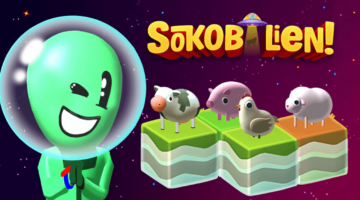 Promotional graphic for the video game Sokobalien, featuring a cheerful green alien with a large head and a beaming smile, encased in a transparent bubble helmet. The alien is giving a thumbs-up. In the background, there's a deep purple space scene dotted with stars. Above the alien, the title 'Sokobalien' appears in bold, 3D-styled letters with an exclamation mark. To the right, atop colorful isometric blocks, are three pigs, each with unique markings, and a chicken, looking curiously towards the viewer. A UFO hovers at the upper left corner, completing this vibrant and whimsical game scene. Published on: LadiesGamers.