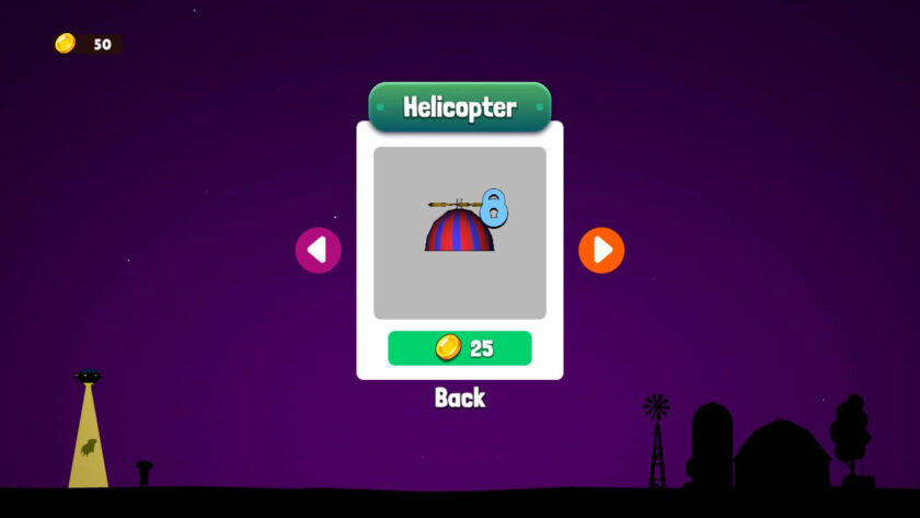An in-game shop screen in Sokobalien featuring the option to purchase a 'Helicopter' hat for the alien character. The player's coin balance of 50 is at the top left corner, with a purchase price of 25 coins displayed on a green button. The silhouette of the helicopter hat is shown in a white card with a play button indicating the option to preview or select. The background has a purple sky with a landscape silhouette and a windmill at the bottom. Published on: LadiesGamers.
