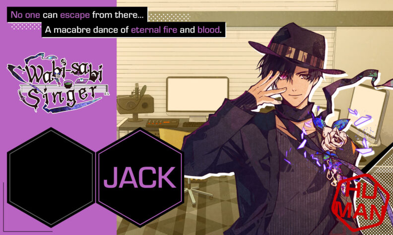 In this striking image from Tengoku Struggle, the character JACK exudes charm with a playful wink and a tip of his fedora. Dressed in a smart, dark overcoat accented with a purple tie and a rose in the lapel, he stands against a retro, sepia-toned office backdrop with a film projector in the corner. Vivid purple electric sparks and a jagged tear effect add a surreal touch to the artwork. The text captures a dramatic tone with phrases like "No one can escape from there..." and "A macabre dance of eternal fire and blood," hinting at the game's dark and mysterious themes. Published on: LadiesGamers.