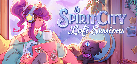 Spirit City Lofi Sessions a purple haired girl with a laptop and a mug and a black kitten