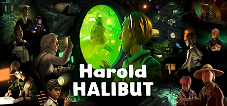 Harold Halibut, green window with an alien, harold and other characters