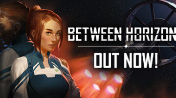 Between Horizons Out Now, title image, showing a red headed woman, Stella