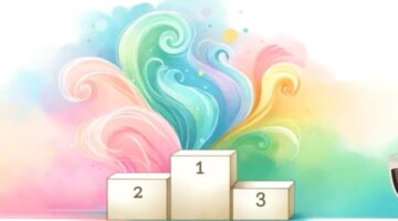 A whimsical and colorful illustration for The Best Of collection, featuring three podium-like blocks arranged in ascending order with the numbers 1, 2, and 3 on their visible sides. A swirl of vibrant, pastel-hued clouds bursts forth from behind the central block, flowing upwards and outward in a display reminiscent of both water and smoke, blending shades of blue, green, yellow, pink, and orange. The ethereal colors give the scene a dreamy, magical feel, as if celebrating a joyous occasion in the game. Published on: LadiesGamers.