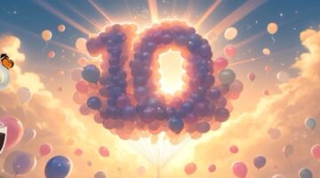 A picturesque scene marking LadiesGamers' 10 year anniversary, with the number '10' formed by a cluster of balloons in shades of purple and pink, floating in the sky amidst soft clouds and rays of sunlight. The balloons give the impression of gentle celebration and elevation. An icon similar to the previous image floats in the upper left corner, with a game controller-shaped cup and '10' in a speech balloon. Published on: LadiesGamers.