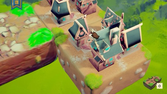 Close-up in-game view from Storyblocks The King focusing on a floating island puzzle element with detailed miniature houses. The structures are whimsical, with exposed timber frames and steeply pitched roofs, reminiscent of a fantasy medieval village. A hand-shaped cursor hovers over one of the houses, ready to interact with it. The island itself seems to be a chunk of land with a grassy surface and a rocky underside, floating above a blurry green landscape indicative of extreme height. Small tufts of grass and shrubbery add to the island's quaint charm. A score counter at the bottom right shows '0', implying that this is either the beginning of the game or a new level. Published on: LadiesGamers.