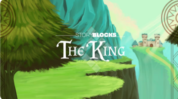 Promotional artwork for the game "The King" featuring a vibrant, stylized illustration of a fantastical landscape. A grand castle with multiple towers sits atop a lofty cliff on the right, overlooking a lush green meadow. A large, round, leafy tree anchors the composition on the left, and intricate circular symbols float in the sky, hinting at magical elements within the game's world. "STORYBLOCKS" is overlaid at the top of the image, suggesting a storytelling aspect to the game. Published on: LadiesGamers.