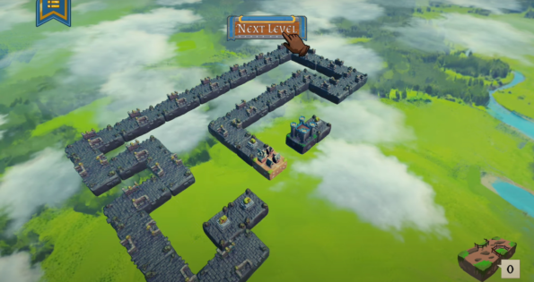 In-game screenshot from Storyblocks The King displaying a complex floating pathway puzzle set against a dreamy, cloud-covered landscape. The pathways are made of ancient stone with grass overgrowth and are populated with various medieval-themed objects and structures, emphasizing the game's fantasy setting. The player is seemingly prompted to move to the next level, as indicated by the ornate "Next Level" banner at the top of the screen and a hand-shaped cursor pointing towards it. The platforms are suspended high above a lush green terrain, the details of which are obscured by wispy clouds, adding a layer of mystery and depth to the scene. The score remains at zero in the lower right corner, suggesting the beginning of a new challenge. Published on: LadiesGamers.