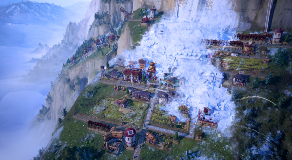 In-game screenshot from Laysara: Summit Kingdom displaying a detailed mountain settlement experiencing a heavy avalanche. The village is a mix of traditional and colorful architecture, with buildings that feature Asian-inspired designs and terraced fields, hinting at a complex society that thrives in a high-altitude environment. A gondola system connects different levels of the terrain, showing the game's focus on vertical landscape management. Snow blankets the buildings and the surrounding cliffs, creating a stark contrast with the untouched green areas and reinforcing the challenges of seasonal changes. Published on: LadiesGamers.