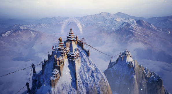 In-game screenshot from Laysara: Summit Kingdom featuring a spectacular cliff-top monastery in a snowy mountain setting. The monastery, composed of multiple levels with traditional pagoda-style roofs, is adorned with vibrant red and gold colors, standing out against the white snow. It's connected to an adjacent peak by a precarious rope bridge, showcasing the game's emphasis on verticality and structure placement. The surrounding landscape reveals a range of snow-covered peaks, partially shrouded in clouds, with the serene beauty of a harsh, wintery environment. Eagles soar in the sky, adding to the majestic and tranquil atmosphere. Published on: LadiesGamers.