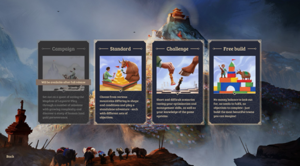 A screenshot from the game selection menu of Laysara: Summit Kingdom, presenting four gameplay modes: Campaign, Standard, Challenge, and Free build. The Campaign mode is grayed out, indicating it will be available after the full release, and the other three modes are illustrated with vibrant images. Standard shows a player contemplating a chess-like mountain strategy, Challenge features a hand moving a chess piece, and Free build depicts a playful construction set with blocks. Below, a majestic mountain backdrop is visible, hinting at the game's alpine setting. Published on: LadiesGamers.