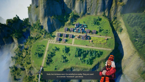 In-game screenshot from Laysara: Summit Kingdom featuring an overhead view of a small mountain village with thatched-roof buildings, neatly arranged crop fields, and a crisscross of paths. The village is nestled in a lush green plateau, surrounded by steep cliffs and dense forests. A dialog box in the foreground shows a character wearing a traditional red hat and a thick coat, with a text overlay that reads: "Yeah, but Artisans won't be satisfied so easily. They are used to a certain 'standard', you know." Published on: LadiesGamers.