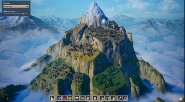 In-game screenshot from Laysara: Summit Kingdom, depicting a majestic mountain peak rising above the clouds with a sprawling village perched along its slopes. The snow-capped summit dominates the skyline, while the mountain itself is terraced with greenery and pathways leading to various buildings that make up the village. The surrounding landscape shows a sea of clouds blanketing the lower elevations, with distant mountain ranges visible on the horizon. The user interface at the bottom of the screen presents building and management options, while the weather selection menu at the top left indicates it is a clear day. A carrier count slider is also visible, allowing for resource management within the game. Published on: LadiesGamers.