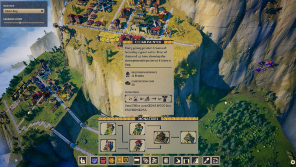 In-game screenshot from Laysara: Summit Kingdom, featuring a user interface with various gameplay elements. The main view shows an aerial perspective of a cliffside settlement with diverse structures and a vibrant environment. A tooltip for the 'Cedar Painter' building is open, describing its function and requirements, including a workforce of 12 Monks. The production line graphic shows the conversion of cedar wood into painted cedar using dye. A building menu at the bottom indicates options for constructing a monastery, with several variations displayed. In the top left corner, a weather setting dropdown menu is set to 'Clear day', and there's a counter for carriers. The meticulous detail of the UI elements illustrates the strategic depth of the game. Published on: LadiesGamers.