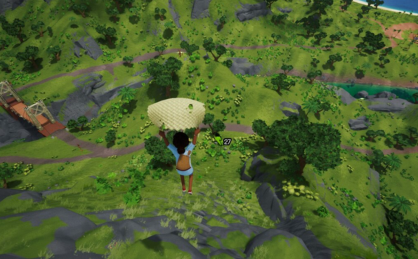 Tchia a girl using a glider to float down to the ground, with a view of the thick lush forest below 