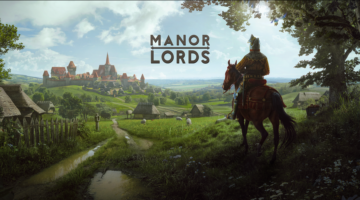 Featured image for Manor Lords, with a Lord on horseback surveying their kingdom.