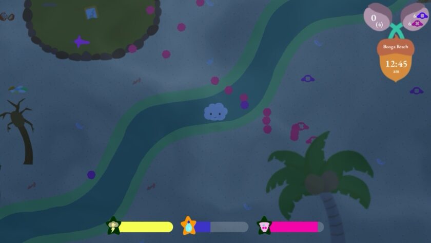 A tranquil nighttime screenshot from Cirrus Business, featuring a serene river winding through a dark landscape with a lone palm tree on the right. A circular pond with floating objects, including a blue square and purple star, is visible near the top. The river is bordered by pink dots, with a small blue character located in the water. The game's HUD displays health and energy meters, and an in-game clock showing 12:45 am at Booga Beach. The overall atmosphere is peaceful and quiet, with subtle hints of wildlife in the form of small fish silhouettes. Published on: LadiesGamers.