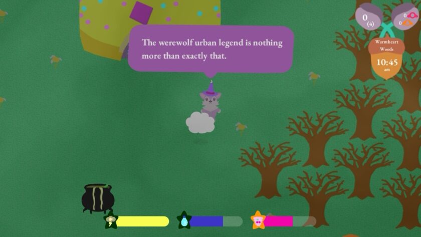 In the game Cirrus Business, a pixelated character resembling a small, purple cat wearing a witch's hat floats on a cloud. Above it, a speech bubble reads, "The werewolf urban legend is nothing more than exactly that." A dark cauldron sits to the left, and a dense forest of leafless, dark brown trees fills the right side. The game's HUD displays the time as 10:45 am in Warmheart Woods, along with health and energy bars at the bottom. The environment is rendered in a simple yet charming art style, with a muted green background. Published on: LadiesGamers.