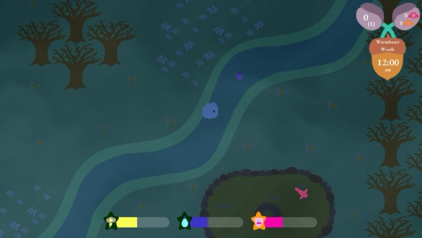 An image from Cirrus Business depicting a serene night scene with a darkened landscape. A gentle river meanders through the center, with a small blue character floating in it. The surroundings feature bare, silhouette-style trees and small plants under a navy-blue sky. In the foreground, a character health bar and energy meter are visible, along with the game's HUD indicating the location 'Warmheart Woods' and the time as 12:00 am. The overall mood of the scene is quiet and tranquil. Published on: LadiesGamers.