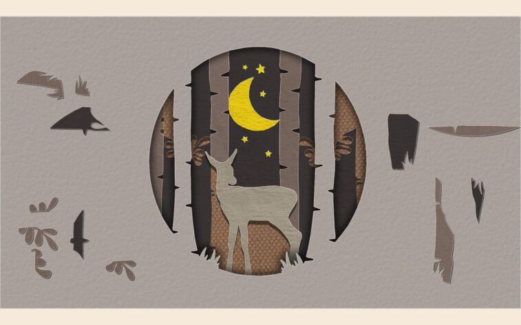 Papercut Art Gallery A nighttime forest with a yellow moon and a deer