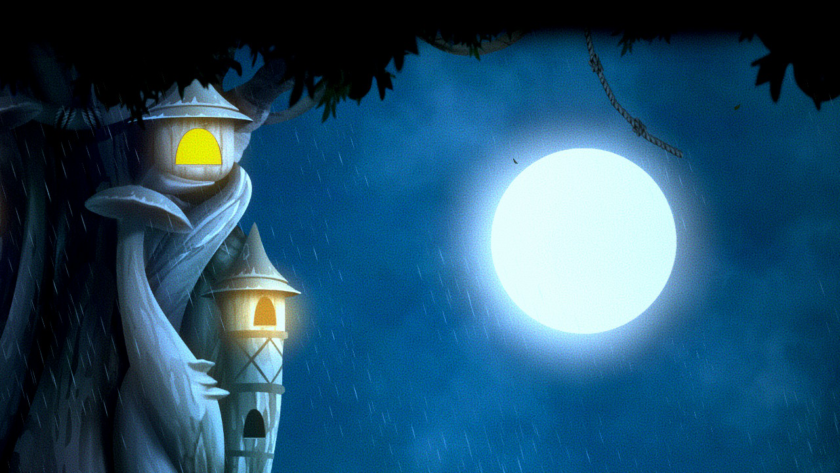 Hand in Hand, Part of a castle with illuminated yellow lights shining from the windows. Above the castle sits a bush of dark leaves with a full moon shining underneath.