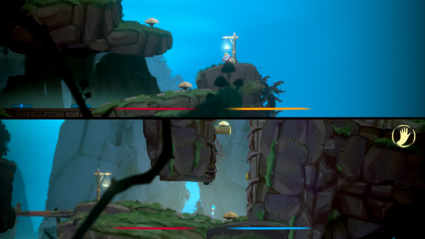 An image from the Nintendo Switch game Hand in Hand showing a horizontal split screen with a character in each half, navigating an enchanting scene.