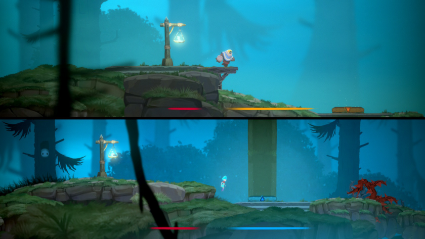 An image from the Nintendo Switch game Hand in Hand which shows a horizontal split screen with a forest scene in both halves with one of each of the main characters in one scene respectively.