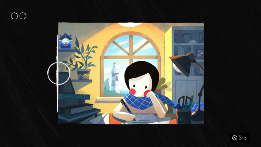 Paper Trail An image showing a cartoon girl from Paper Trail, sat at her desk with a pen in one hand writing a letter and her other hand resting on her cheek. There is an arched window behind her and the wall is painted yellow.