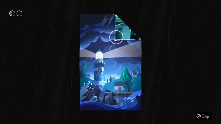 An image from Paper Trail, showing the main mechanic of the game - paper folding. There are mountains in the background set against a nighttime scene. The top right corner of the scene is folded, ready to start unravelling the puzzle of the scene.