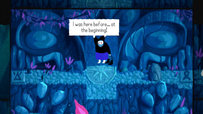 A scene from Paper Trail showing a character in need of assistance. She is wearing a black top and blue skirt with a speech bubble saying "I was here before...at the beginning." She is in a cave surrounded by rocks.