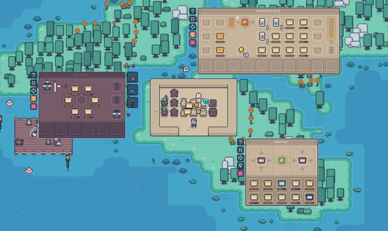 In the video game APICO, a detailed overhead view displays various gameplay elements integrated into a vibrant, pixelated island setting. The scene includes dense, lush green forests surrounded by clear blue waters. Various user interface panels such as a crafting table, storage boxes, and an apiary setup are open, showing items and configurations. A small character is visible inside a room with several bee boxes, indicating an active beekeeping scenario. Published on: LadiesGamers.