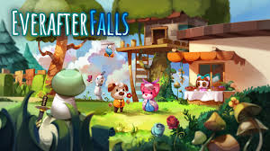 A vibrant, colorful scene from the video game Everafter Falls, featuring a whimsical outdoor setting with cartoon-style characters. In the foreground, a character dressed in green overalls stands next to a market stall displaying cakes and fruits. Nearby, anthropomorphic animals, including a pig and a sheep, engage in cheerful interactions. The background shows a lush green landscape with playful clouds and oversized mushrooms, adding to the game's enchanting atmosphere. Published on: LadiesGamers.