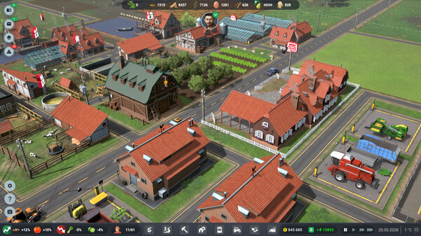A screenshot from the video game "Farm Manager World" showing a bustling farm town. The image displays a detailed view of the town with various buildings including houses, a greenhouse, and a farm store. There are multiple vehicles such as cars and tractors on the roads, and small figures can be seen walking and working around the buildings. The top of the screen shows game interface elements like resource counters and game settings. Published on: LadiesGamers.