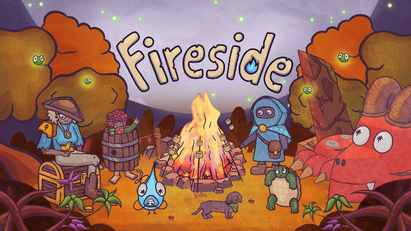 Illustration from the video game Fireside featuring a colorful nighttime camp scene. Various quirky, cartoon-style creatures gather around a large, crackling bonfire. On the left, a character resembling a scarecrow in a farmer's hat sits at a table, while another creature stands wrapped in a shawl. On the right, a mechanical-looking creature with a water can and a large insect with multiple eyes seem to be enjoying the scene. A dachshund and a small, sad blue creature with droopy ears sit near the fire, under a sky dotted with stars and the word "Fireside" glowing prominently above. Published on: LadiesGamers.