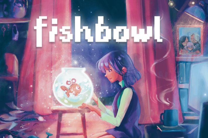 In the game Fishbowl, a young woman with blue hair called Alo sits at a small table, gazing into a glowing fishbowl containing a happy goldfish. The scene is warmly lit, with a mystical atmosphere enhanced by starry specks floating around the room. Red curtains frame the background, and a small picture of a family hangs on the wall, contributing to the cozy and intimate setting of the room. Published on: LadiesGamers.