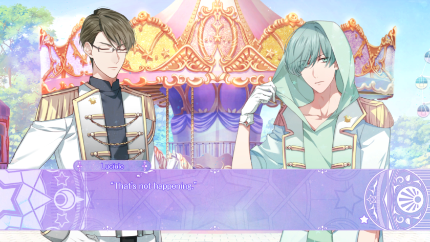A scene from the visual novel game "Genso Manège," featuring two male characters in front of a carousel. On the left is Luciole, a stern-looking man with short dark hair, wearing a white and grey military-style uniform adorned with gold accents and chains. On the right is a man named Serge with teal hair, partially hidden under a light green hooded cape, adjusting his glasses. The background depicts a vibrant, colorful carousel under a clear blue sky. Published on: LadiesGamers.