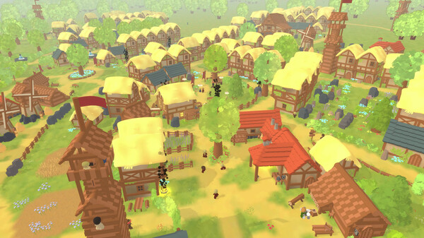 A vibrant, bustling village with charming, wooden houses featuring thatched roofs. The village is filled with trees, colorful flowers, and people going about their daily activities. Windmills and various buildings dot the landscape, creating a lively and idyllic scene. Published on: LadiesGamers.