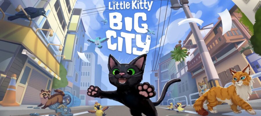 Title of Little Kitty, Big City showing a black cat with green eyes on a city street. Surrounded by ducklings, a crow, blue birds, ginger cat, tanuki and dog.