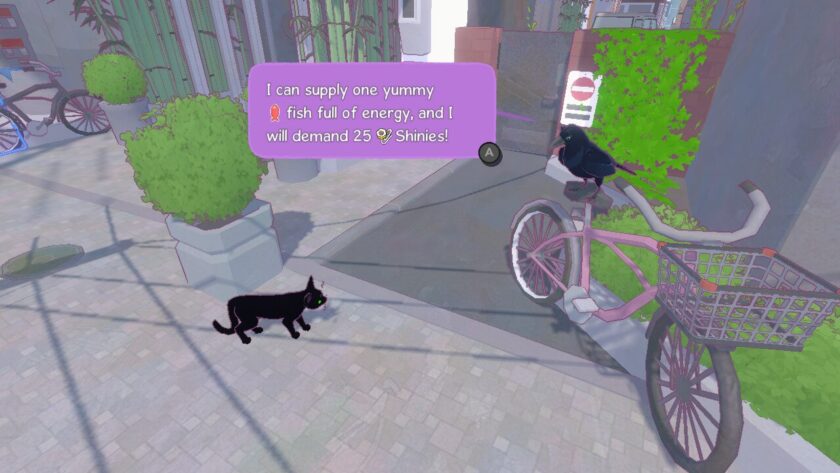 The little kitten talking to a crow, who is saying “I can supply one yummy fish full of energy, and I will demand 25 shinies.”